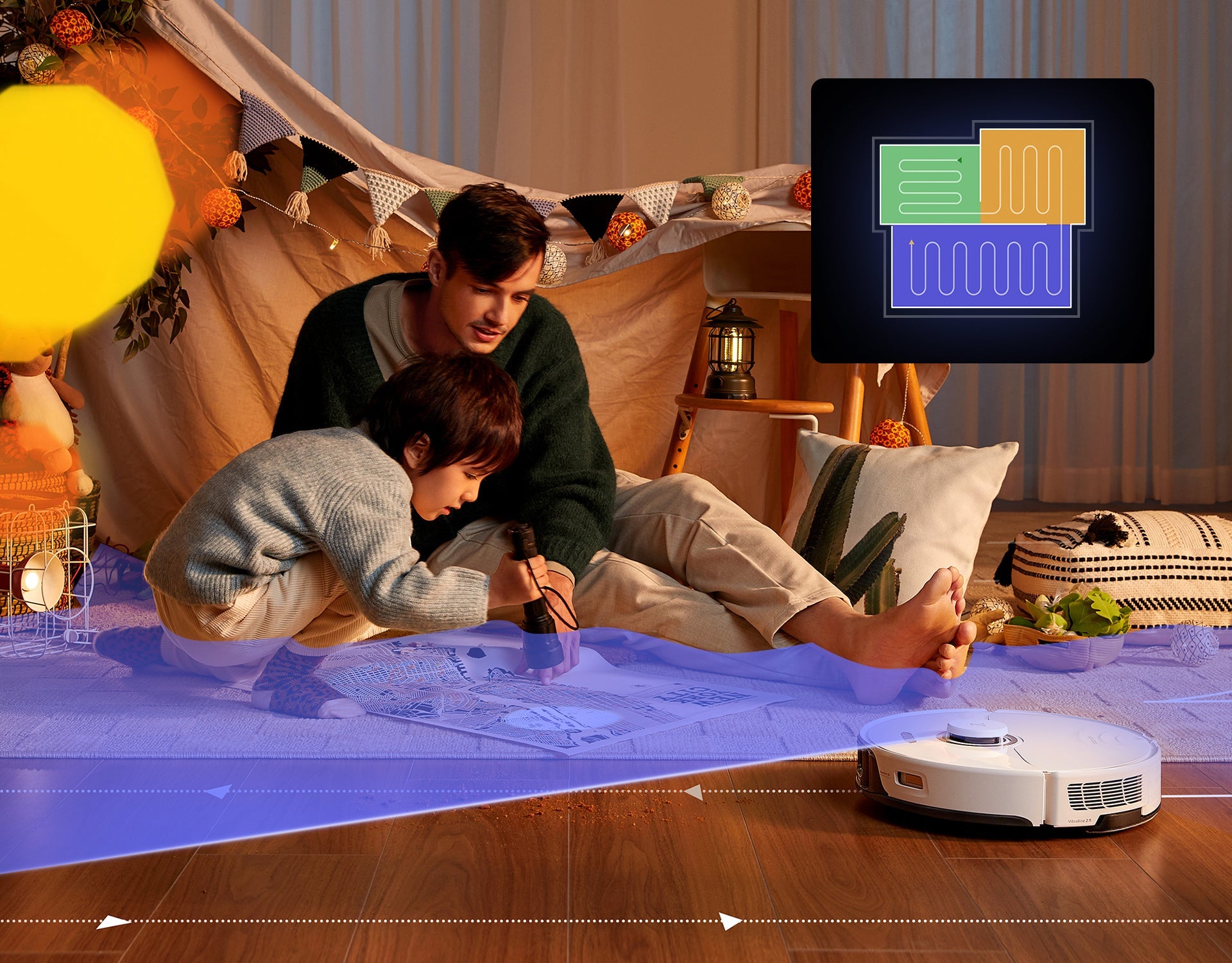 Father and son playing on the wooden floor, while the Roborock robot vacuum cleaner is cleaning without disturbing them Father and son playing on the wooden floor, while the Roborock robot vacuum cleaner is cleaning without disturbing them